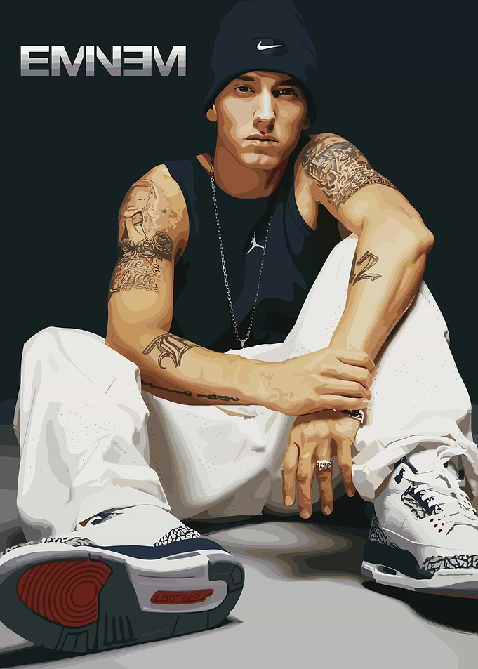 Eminem Sitting with Tattoos and Jordans