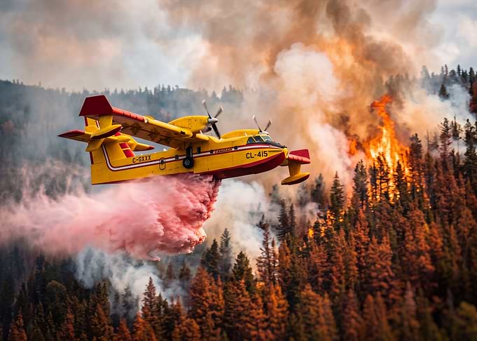 Firefighting plane dropping retardant on forest fire