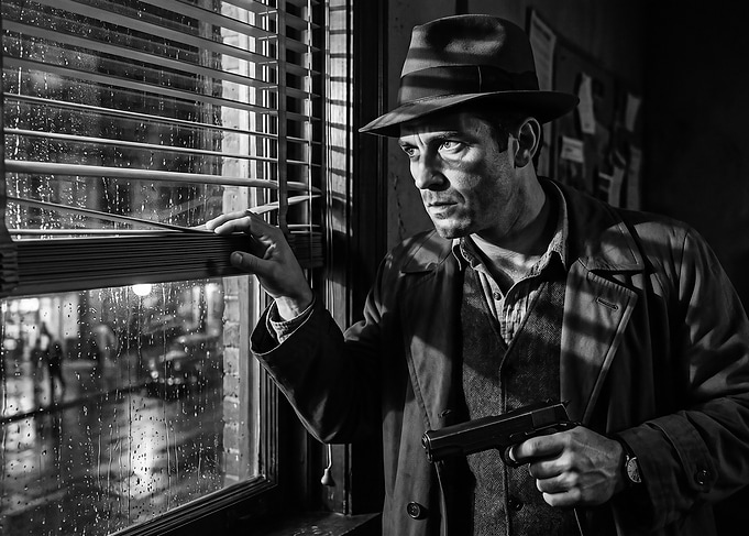 Detective Peeking Through Blinds with Gun