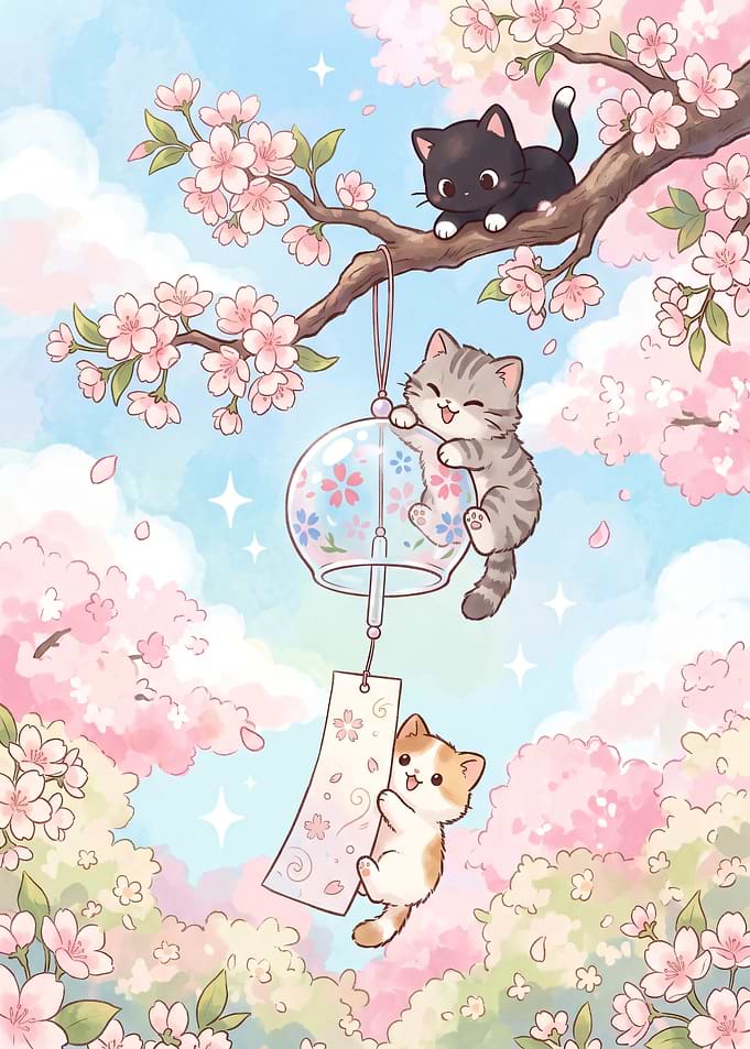 Cute Kittens in Cherry Blossoms