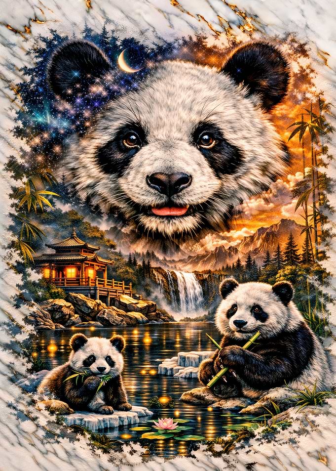 Pandas in a Serene Landscape