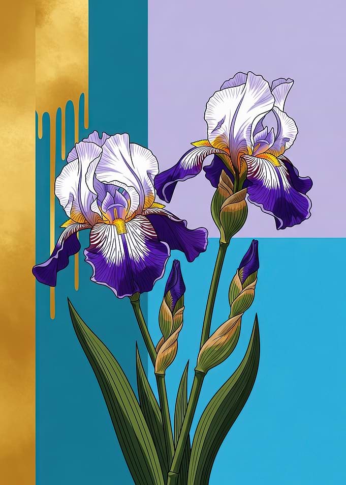 Purple and White Irises with Gold Drip
