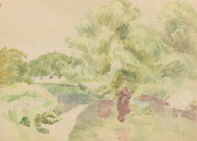 Watercolor Landscape of a River and Trees