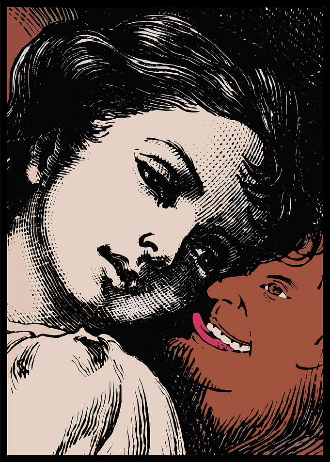 Close-up of two faces in vintage style