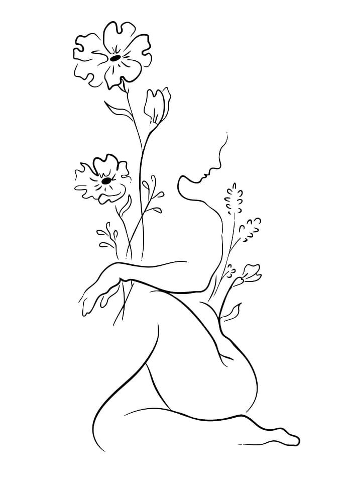 Line Art Woman with Flowers
