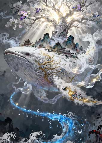 Mythical Whale with Island and Tree