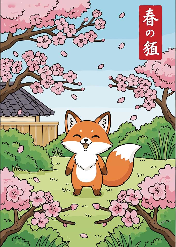 Happy Little Fox in Sakura Garden