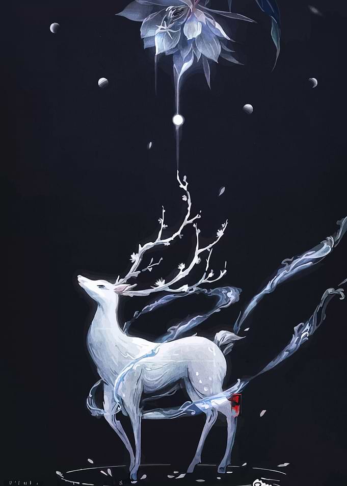 Mystical White Deer Under a Luminous Flower