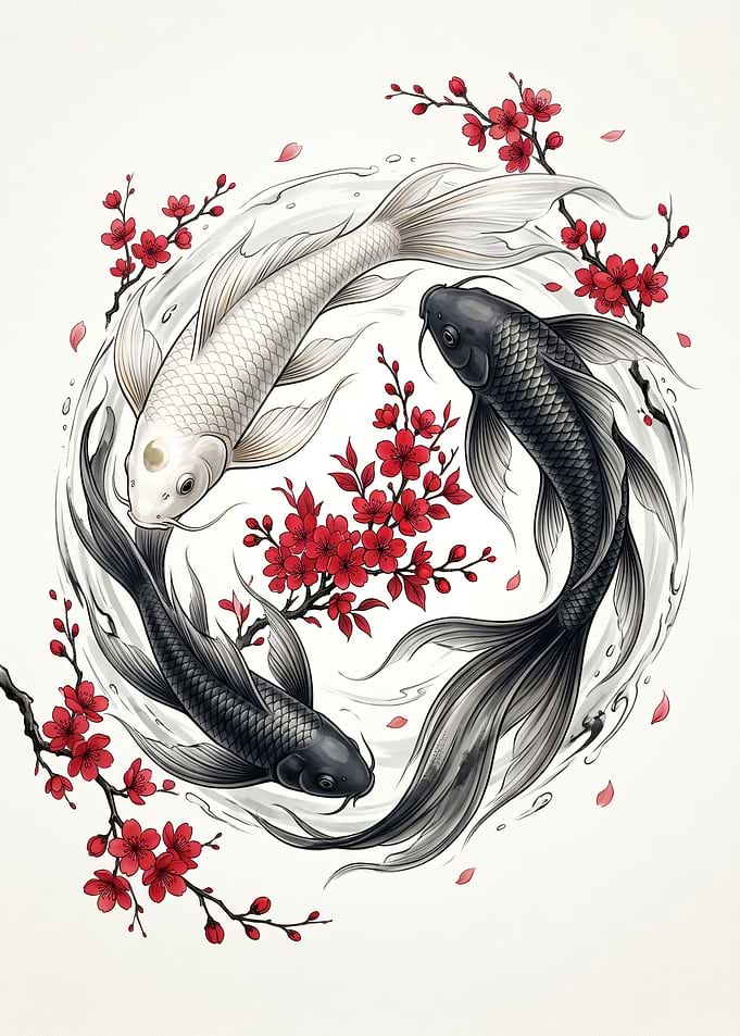 Yin Yang Koi Fish and Cherry Blossoms