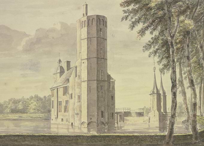 Watercolor painting of a castle on a moat
