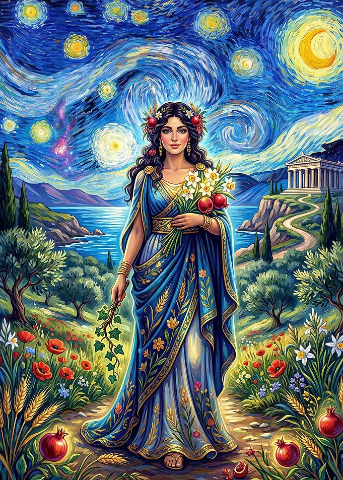 Greek Goddess Persephone in Starry Night Landscape