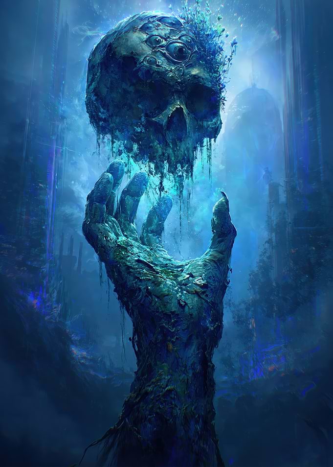 Ethereal Hand Holding a Multi-Eyed Skull