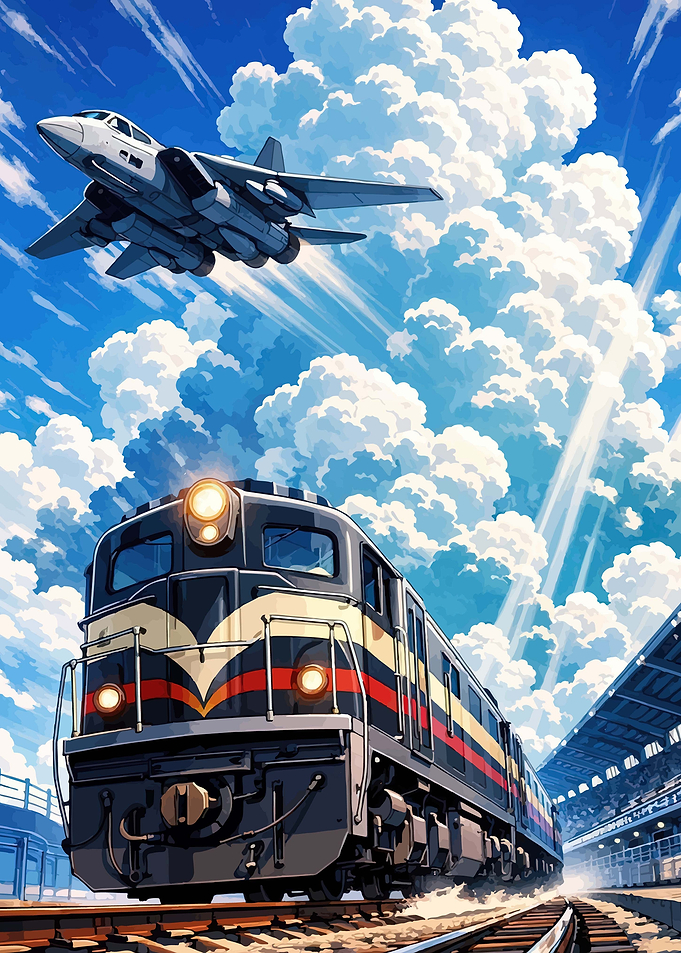 Jet and Train Under Dramatic Sky