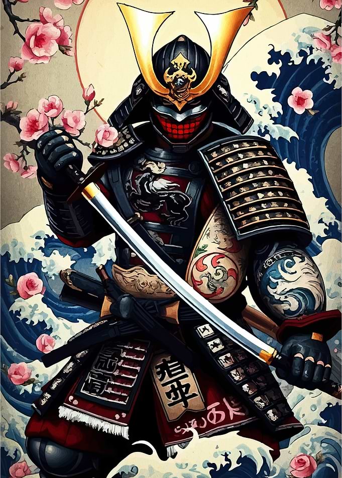 Samurai Warrior with Cherry Blossoms and Waves