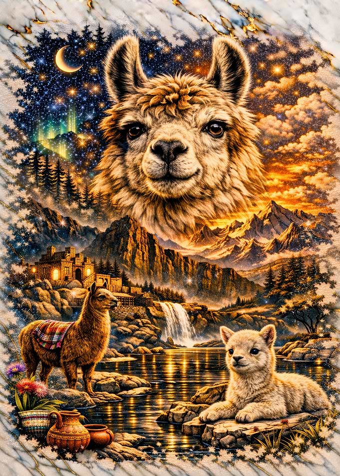 Llama Family in a Magical Landscape