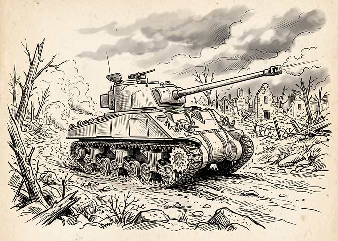 Sherman tank in war-torn landscape