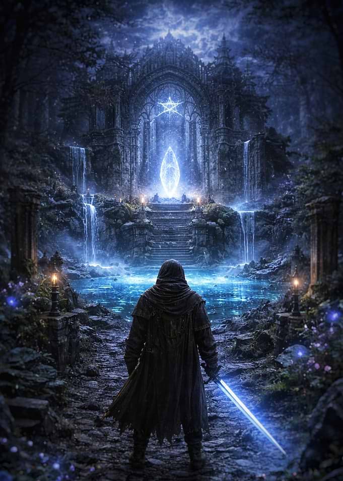 Mysterious Hooded Figure with Glowing Sword