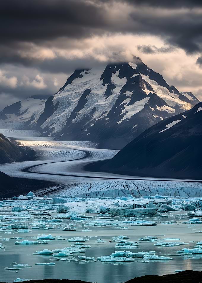 Majestic Glacier and Mountains Under Dramatic Sky