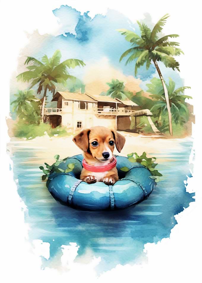Puppy in a life preserver at the beach