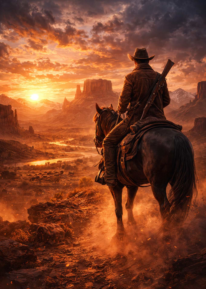 Cowboy on Horse at Sunset