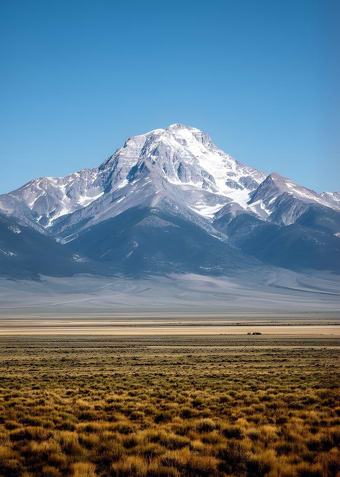 Snow-capped mountain range over a grassy plain
