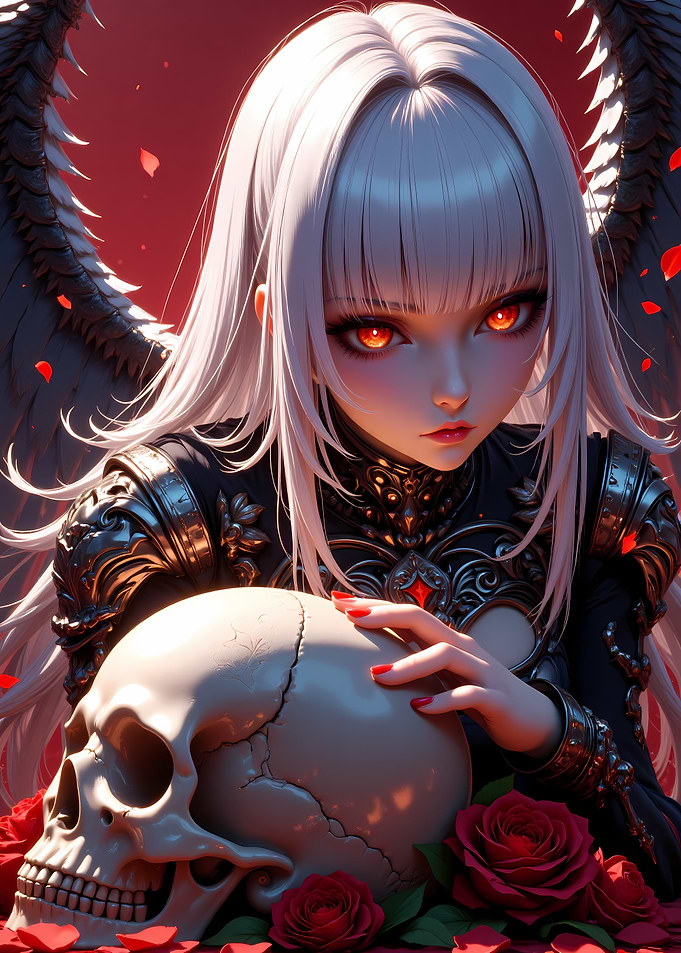 Anime Angel with Skull and Roses