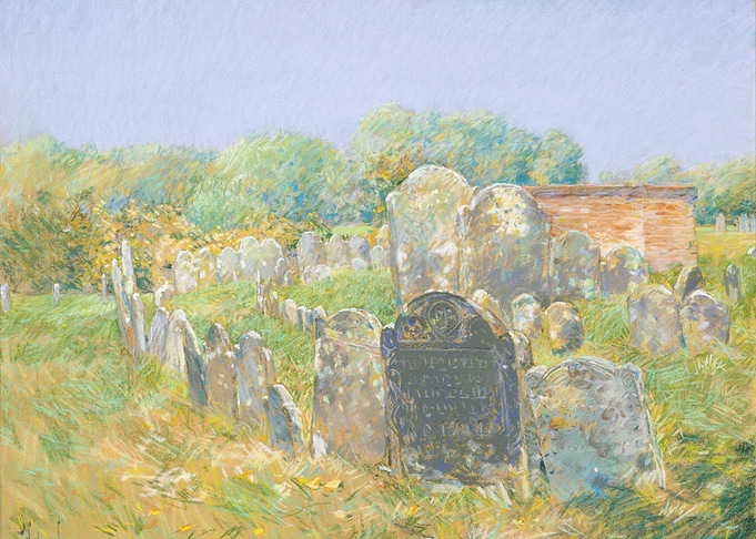 Graveyard with Tombstones and Brick Building