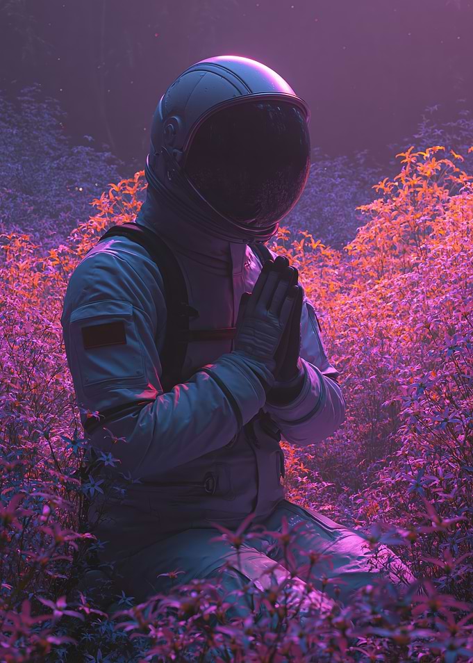 Astronaut Praying in a Purple Forest