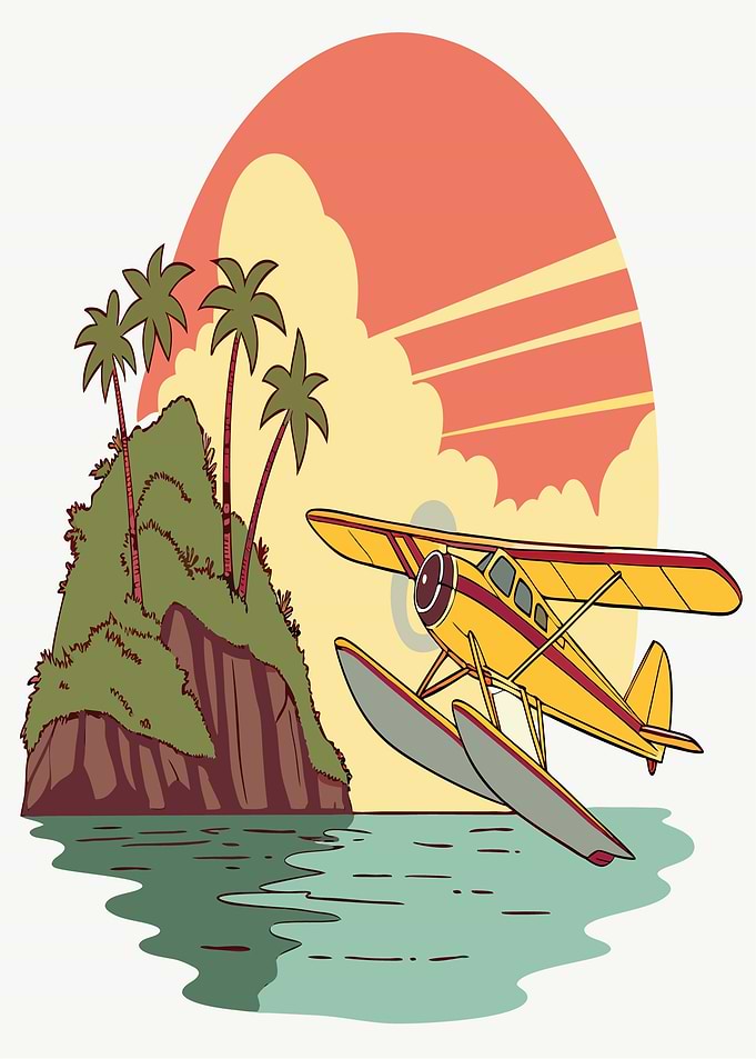 Seaplane flying over tropical island at sunset