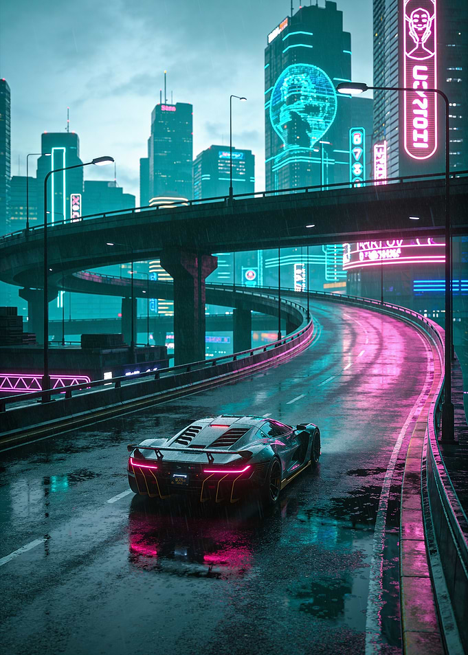 Cyberpunk Car on Wet City Road