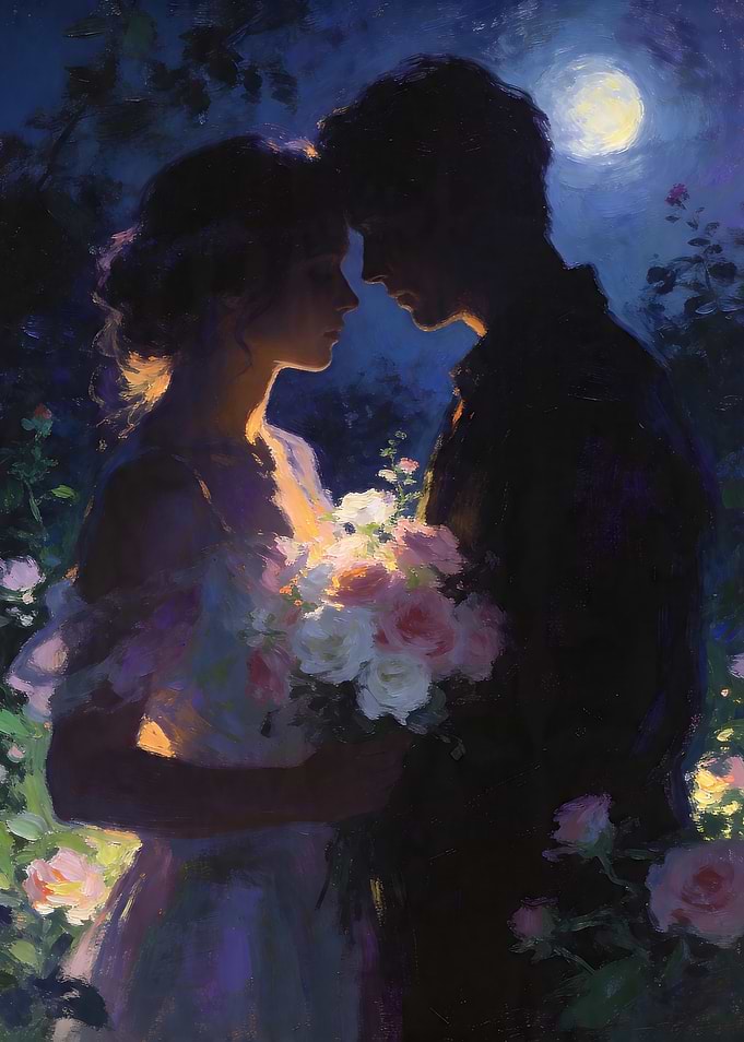 Couple in Moonlit Garden with Roses