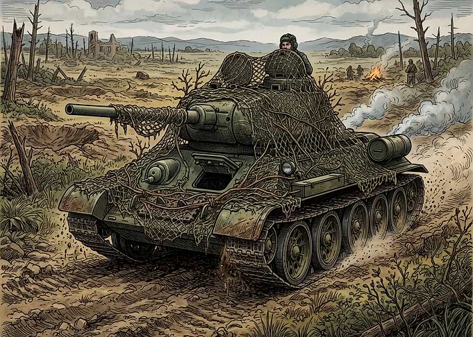 Camouflaged Tank in War-Torn Landscape