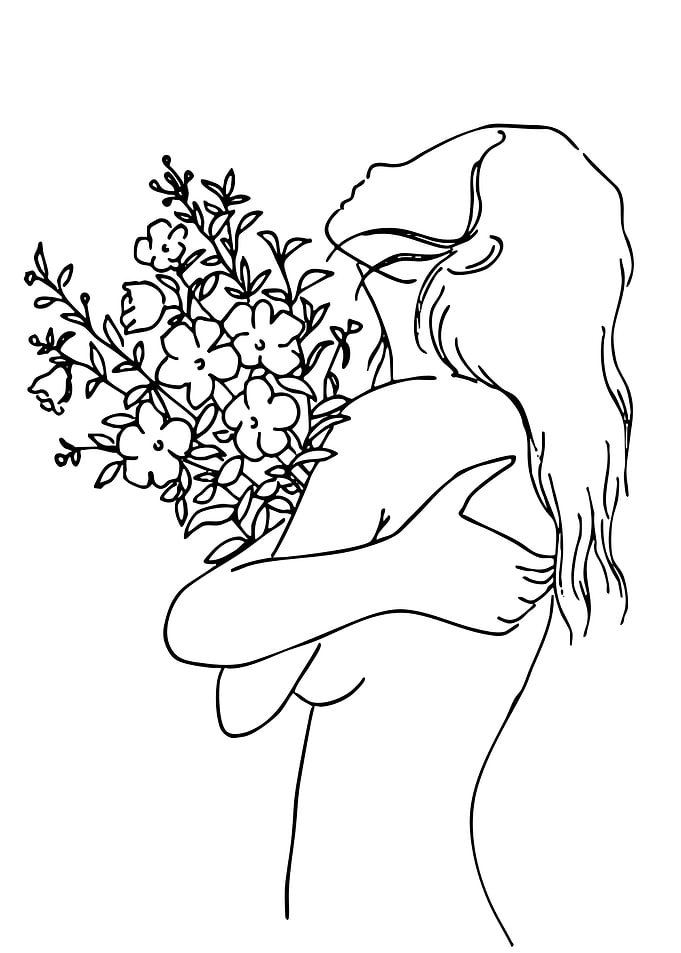 Woman Hugging Flowers Line Art