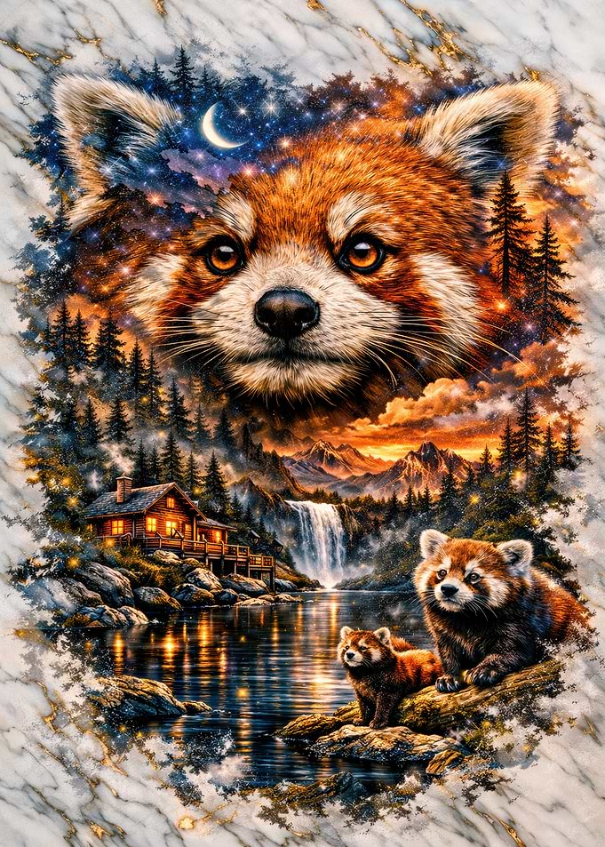 Red Panda Family in a Magical Forest