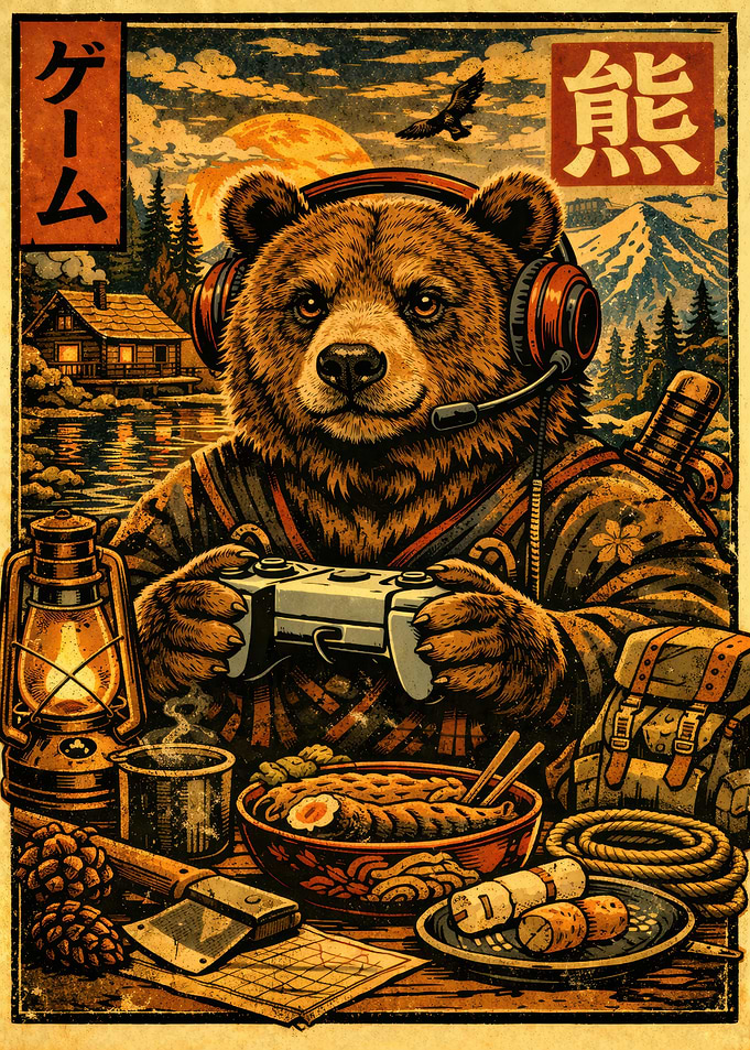 Gamer Bear in a Mountain Cabin