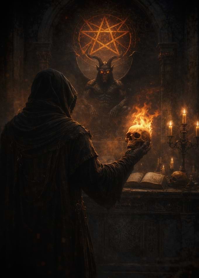 Demonic Ritual with Burning Skull