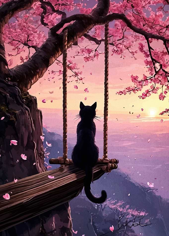 Black Cat on a Swing Under Cherry Blossoms