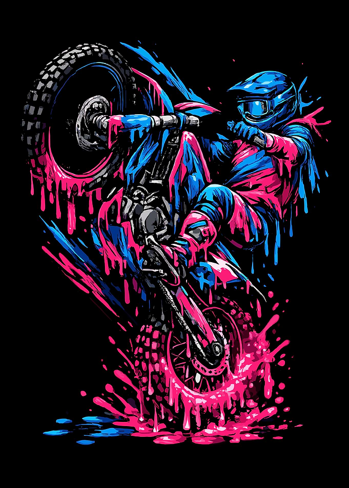 Motocross Wheelie Poster, Neon Dirt Bike Art, Extreme Sports Wall Print