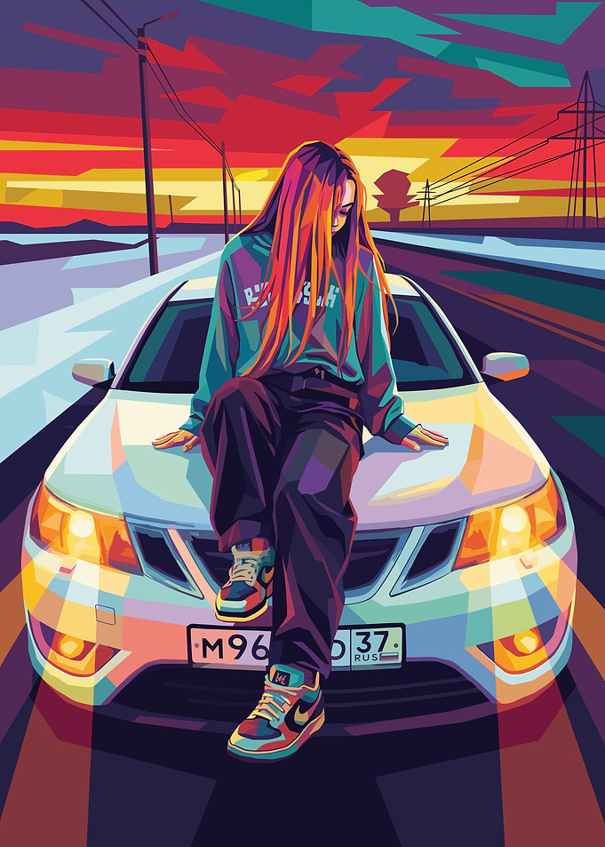 Woman on Car Hood at Sunset