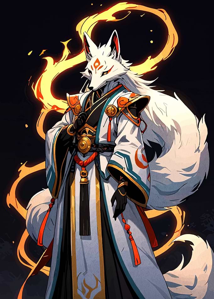 Kitsune Warrior with Fiery Aura