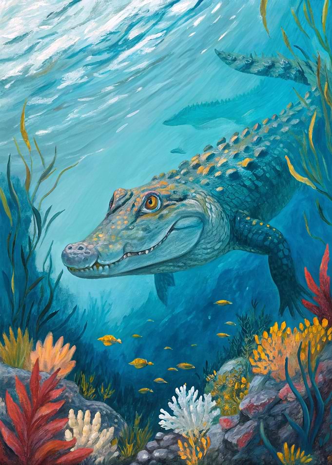 Alligator swimming underwater with coral