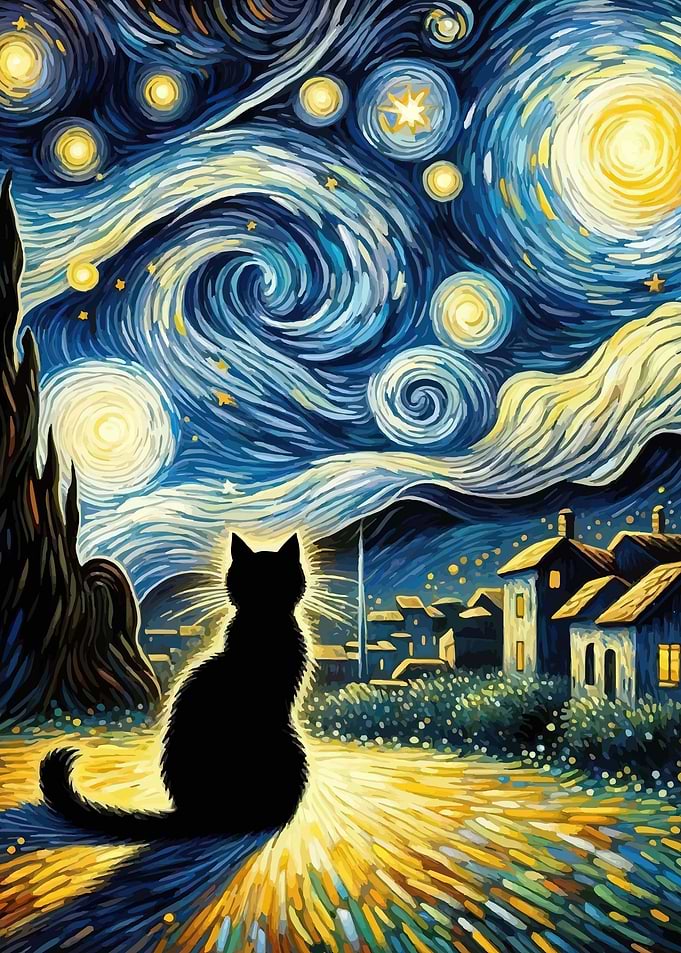 Black Cat Under Starry Night Sky