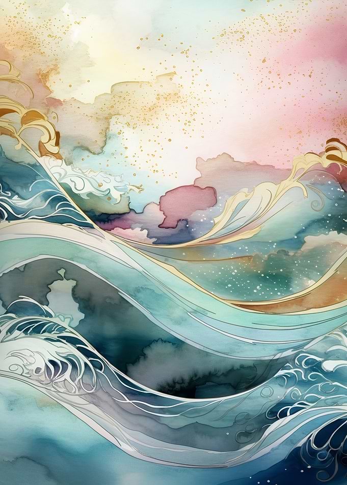 Watercolor Ocean Waves and Sky