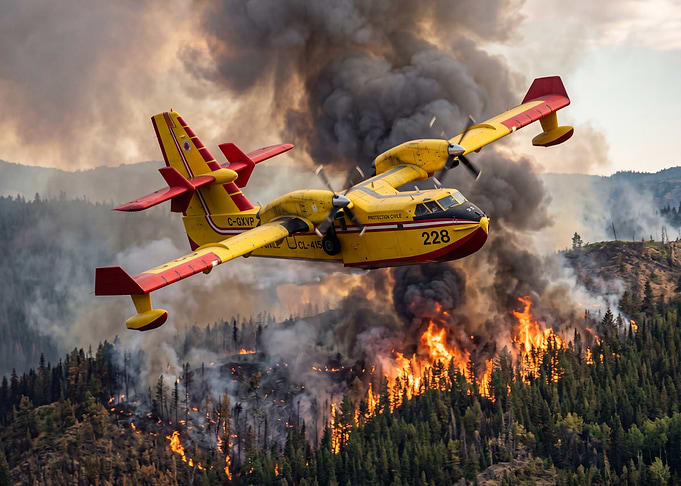 Firefighting plane over forest fire