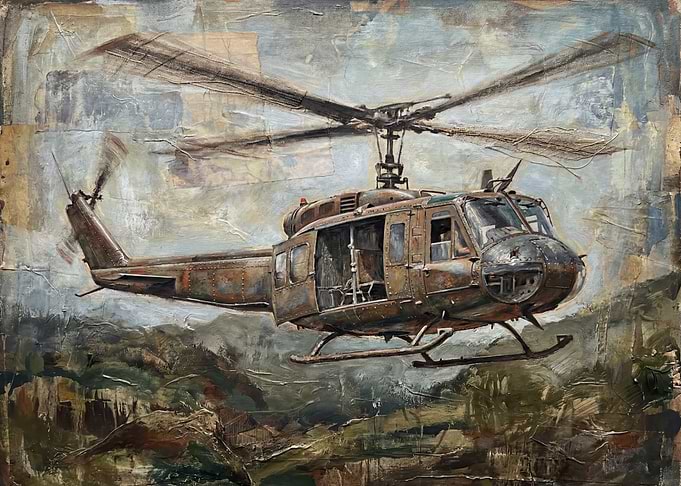 Rusted Helicopter Over Landscape