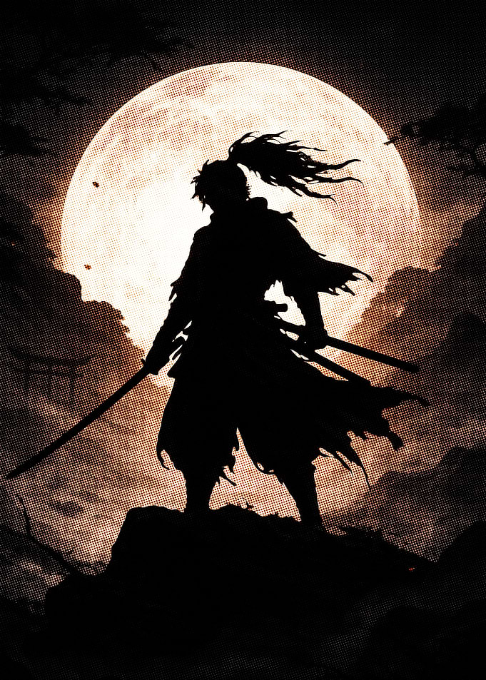 Samurai Silhouette Under a Full Moon