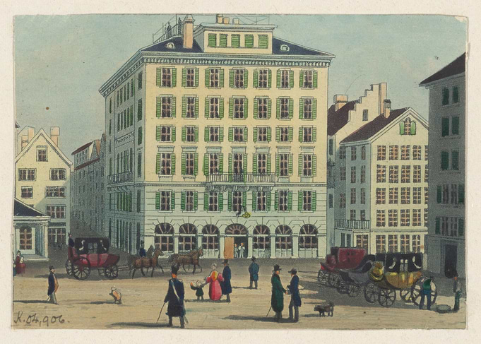 Vintage City Square with Carriages and People