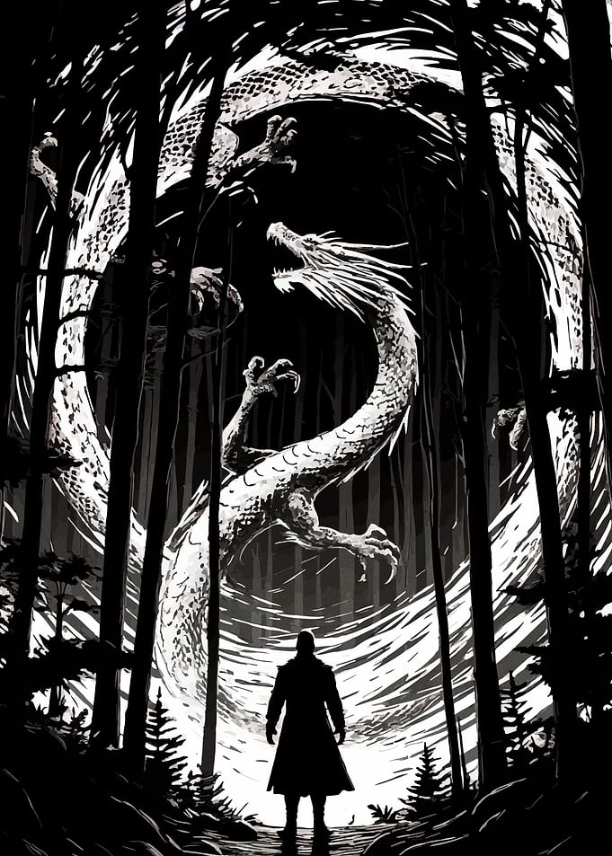 Man faces a colossal dragon in a dark forest