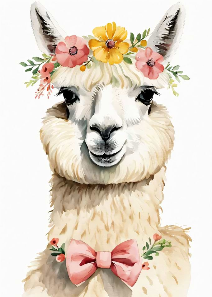 Cute Llama with Flower Crown and Bow