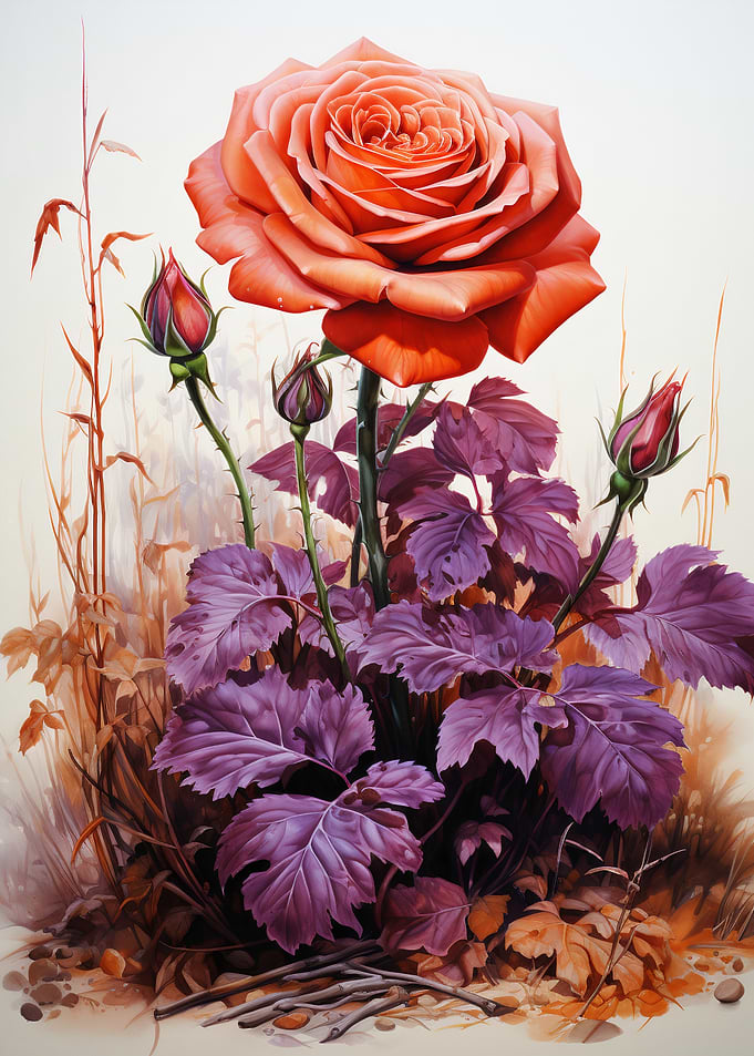 Vibrant Rose with Buds and Purple Leaves
